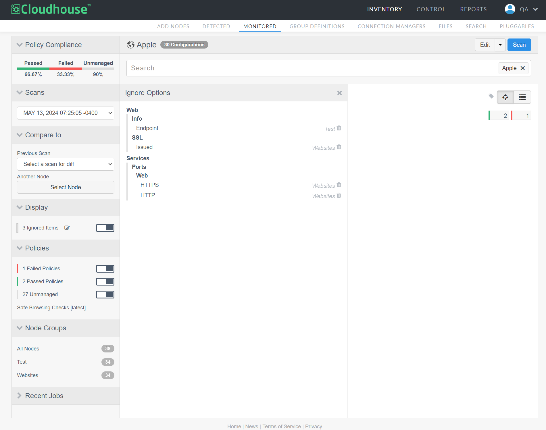 Screenshot of a node's scan results with the Ignore Options panel displayed.